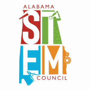 Logo of the Alabama STEM Council with colorful, stacked letters.